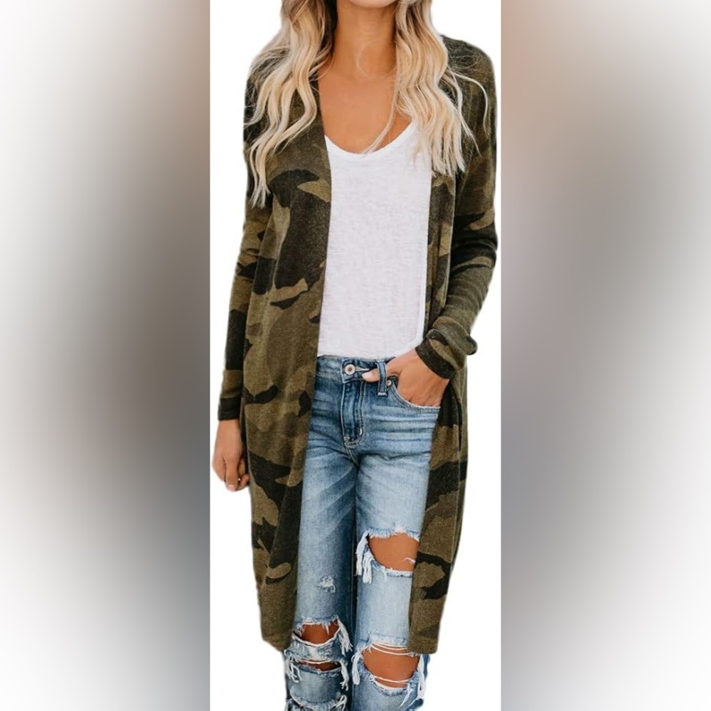 VICI Don’t Blend In Camo Print Long Lightweight Wool Blend Open Front Cardigan